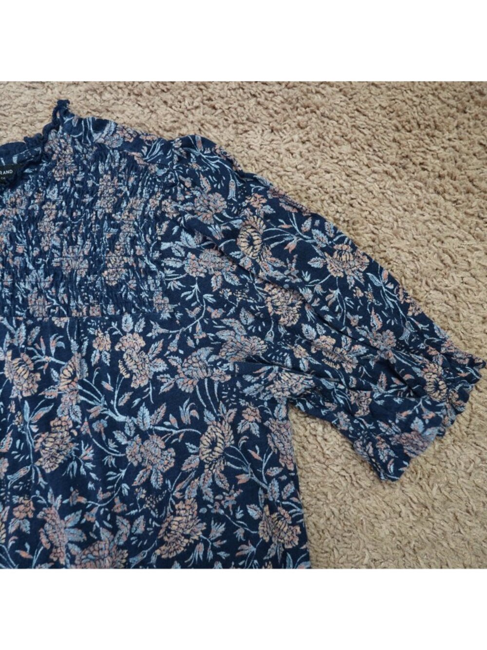 Lucky Brand Smocked Blouse Womens L Blue Floral Short Sleeve Boho Peasant Top - Picture 9 of 10
